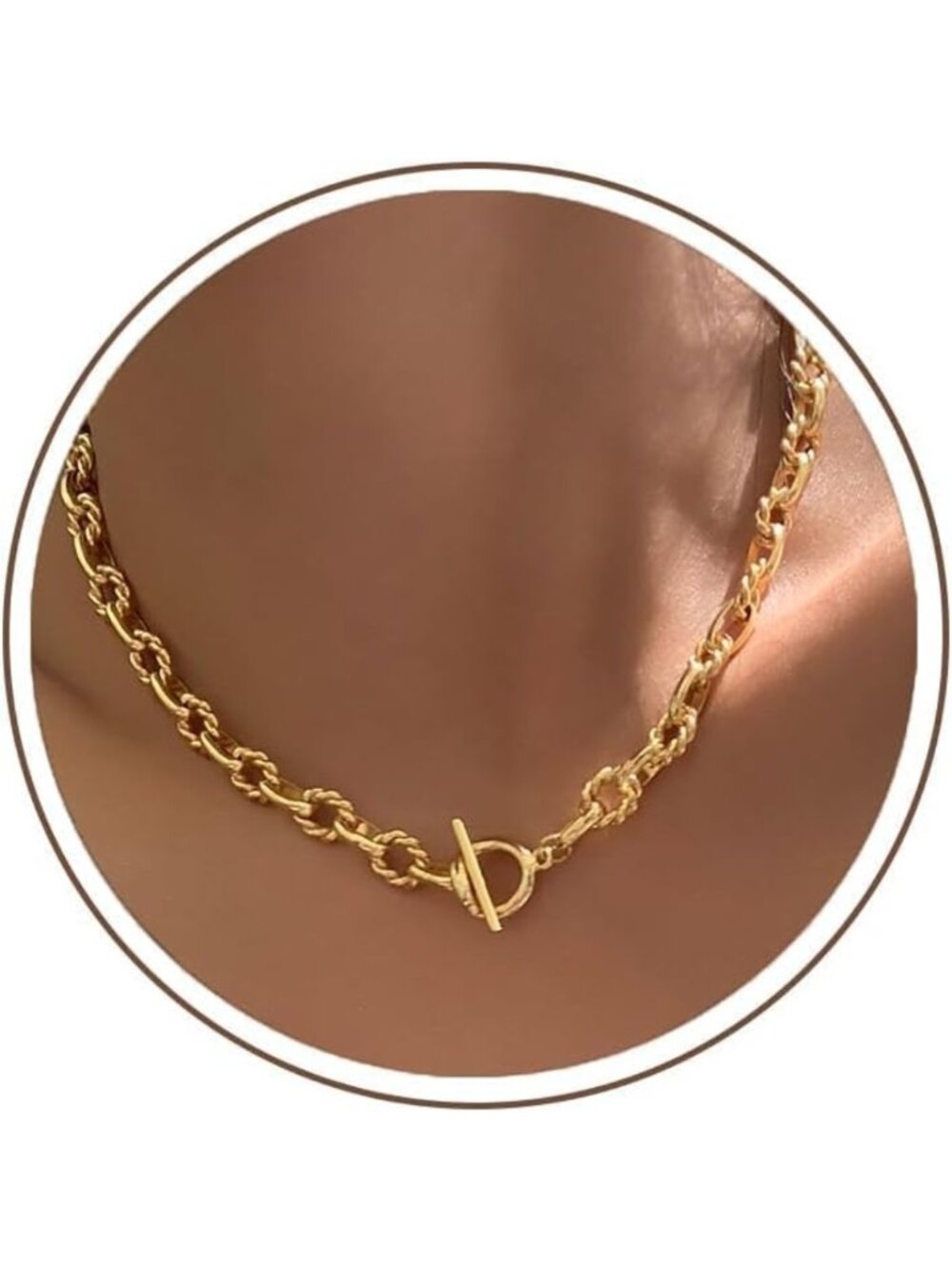 Chunky Gold Choker Necklace - 18K Plated Twisted Oval Link Chain, Toggle Clasp